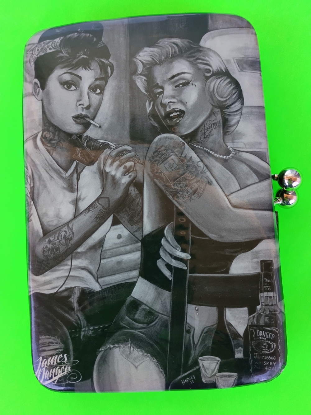 James Danger Retro Tattoo Audrey & Marilyn Kiss Lock Clutch Purse Wallet